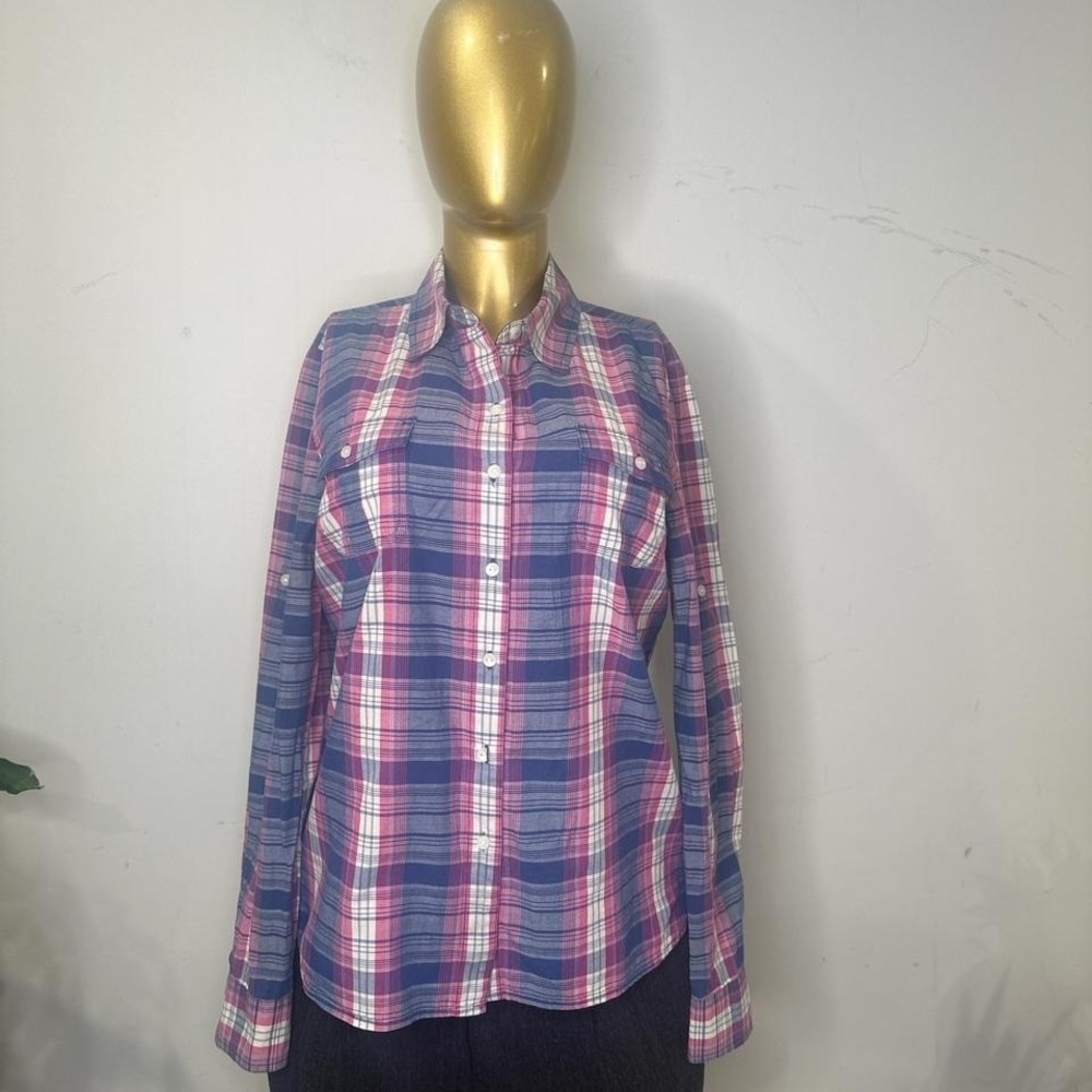 Tommy Hilfiger long-sleeve Pink and blue plaid button-up shirt LARGE Preppy Y2K - Picture 2 of 8